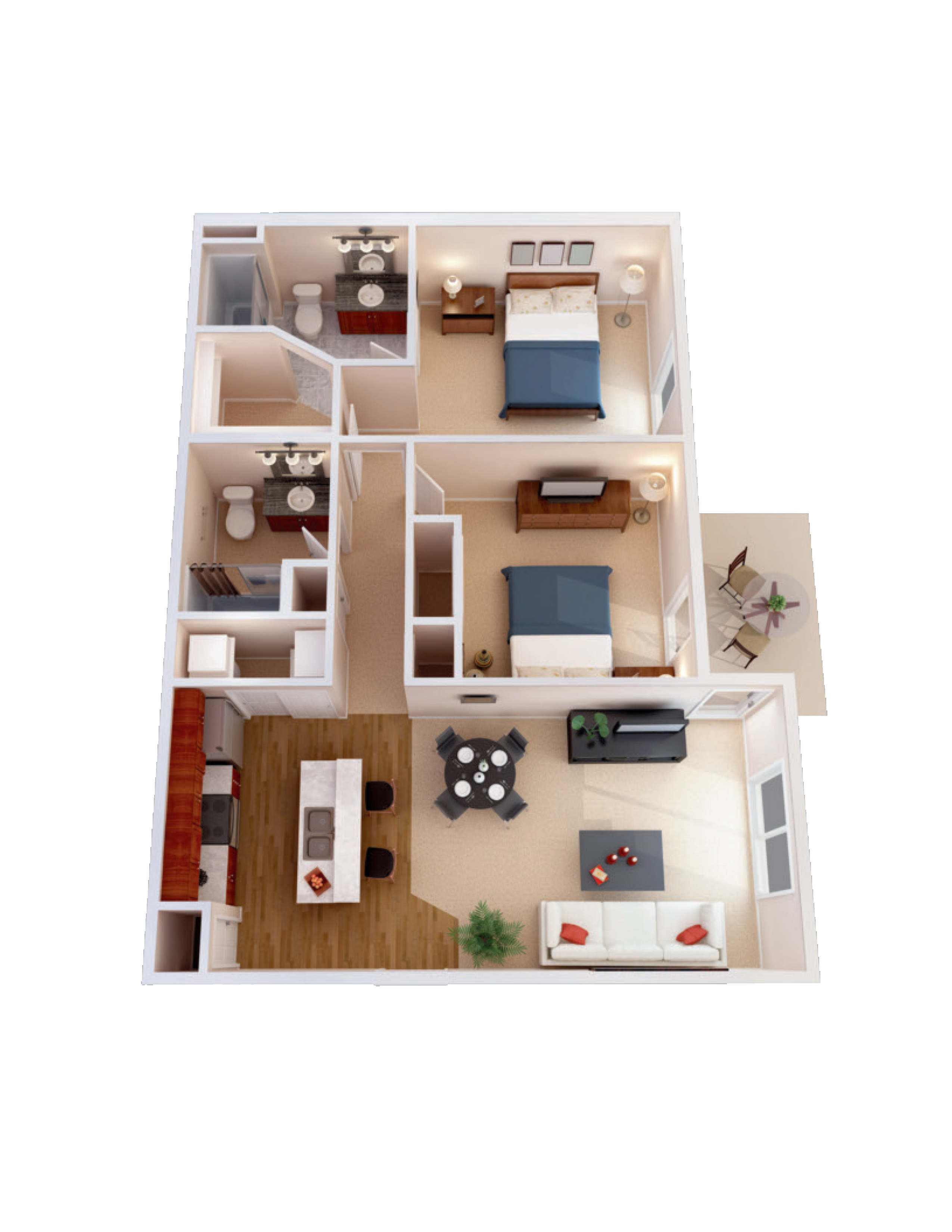 Floor plan for 2 beds, 2 baths, 1070 sqft